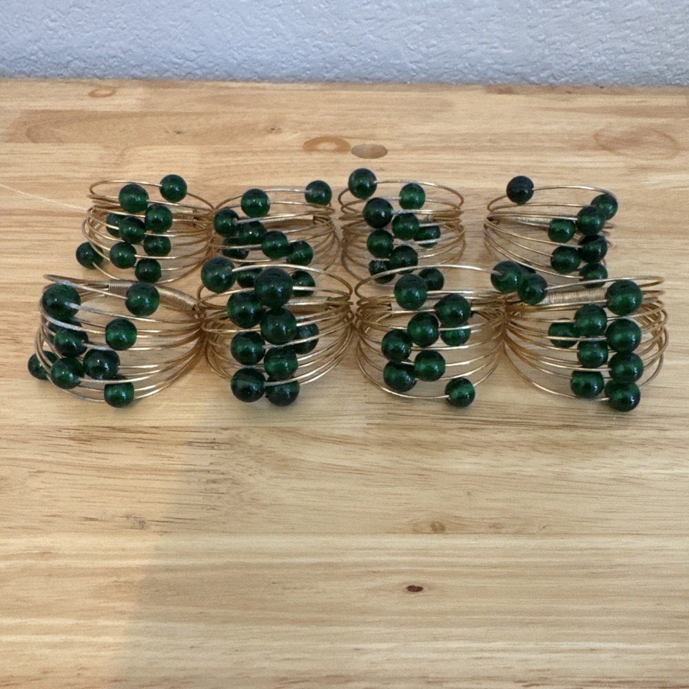 Set Up 8 Mid-Century Modern Style Gold Wire Emerald Green Beads Napkin Ring